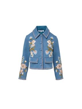 Veronica Beard Blue Embroidered Floral Cropped Blazer